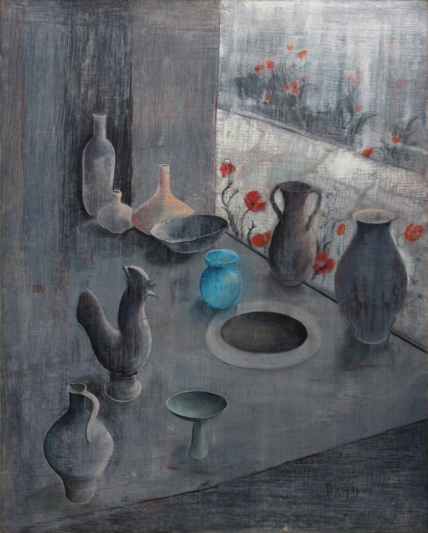 JACQUES BLENY (FRANCE, 1925-1960).: 'No. 1 Nature Morte Aux Objets de Pompei' (No. 1 Still Life with Objects from Pompei). 1959. Oil on canvas. Signed and dated lower right. Verso: Inscribed title on canvas lining. From a Scarsdale, NY
