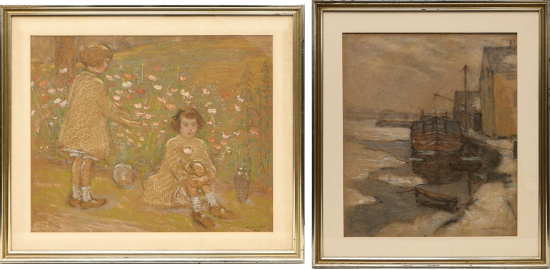 ELMER L. MACRAE (AMERICAN, 1875-1953) [2 WORKS].: Two Pastel Scenes: (i) 'Twins in the Flower Garden'. 1912. Pastel. Signed and dated lower right. Exhibited: Possibly, Nashville, Tennessee, Tennessee Fine Arts Center at Cheekwood, Elmer Livingston Ma