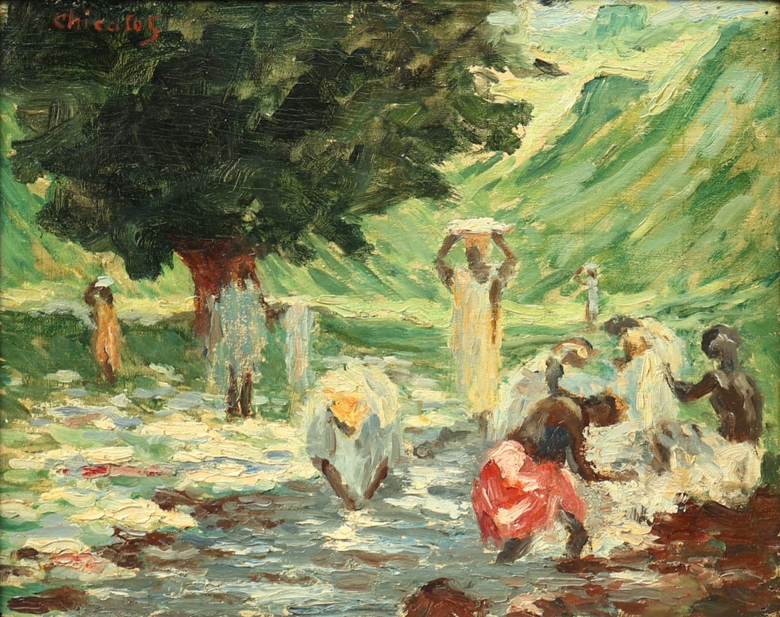 ROSETTE CHICOTET (FRENCH, b. 1885).: 'Washers-West Coast Africa'. Oil on board. Signed upper left corner. Property from a Roosevelt Island, NYC estate. Dimensions: 13" h x 16.125" w. Frame: 22.50" h x 25.50" w.