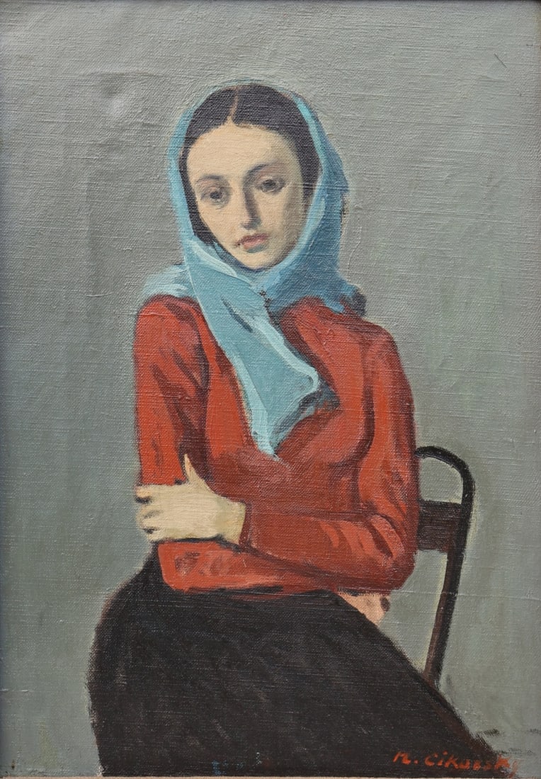 NICOLAI CIKOVSKY (RUSSIAN/AMERICAN, 1894-1985).: 'Marcia - Girl with Blue Scarf'. Oil on canvas. Signed lower right. Property from a Roosevelt Island, NYC estate. Dimensions: 14" h x 10.50" w. Frame: 19.50" h x 15.25" w.