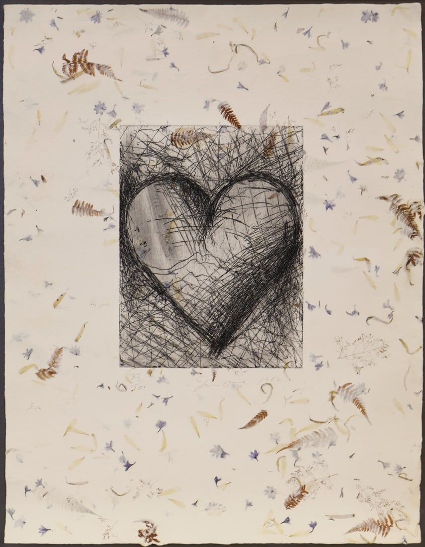JIM DINE (AMERICAN, b. 1935).: "The Jewish Heart'. 1982. Etching and dry point on Richard Debas floral paper. Signed, dated, and numbered '33/100' lower center in pencil. Property of a Briarcliff Manor, NY collection. Dimensio