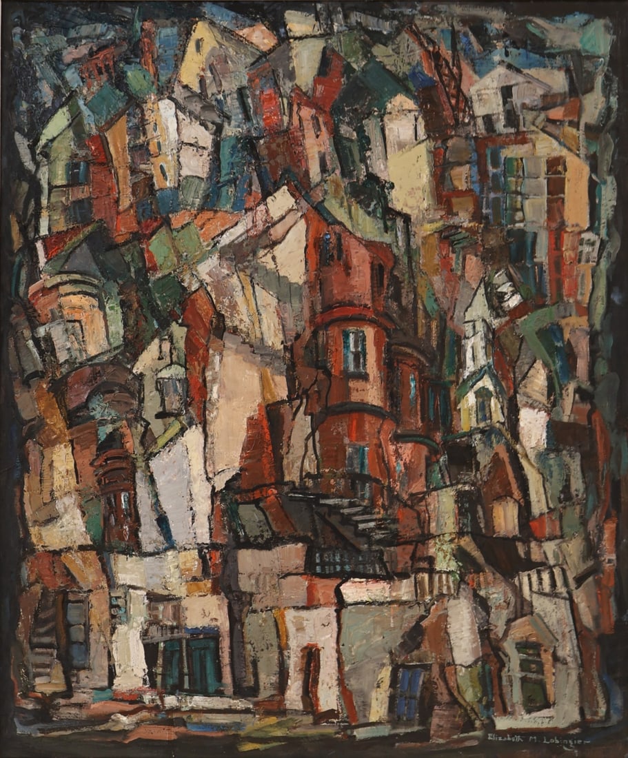 ELIZABETH MILLER LOBINGIER (AMERICAN, 1889-1973).: 'Untitled' (Abstract Cityscape). Oil on canvas. Signed lower right. Property of a Briarcliff Manor, NY collection. Dimensions: 30" h x 25" w. Frame: 38.25 "h x 33.50" w.