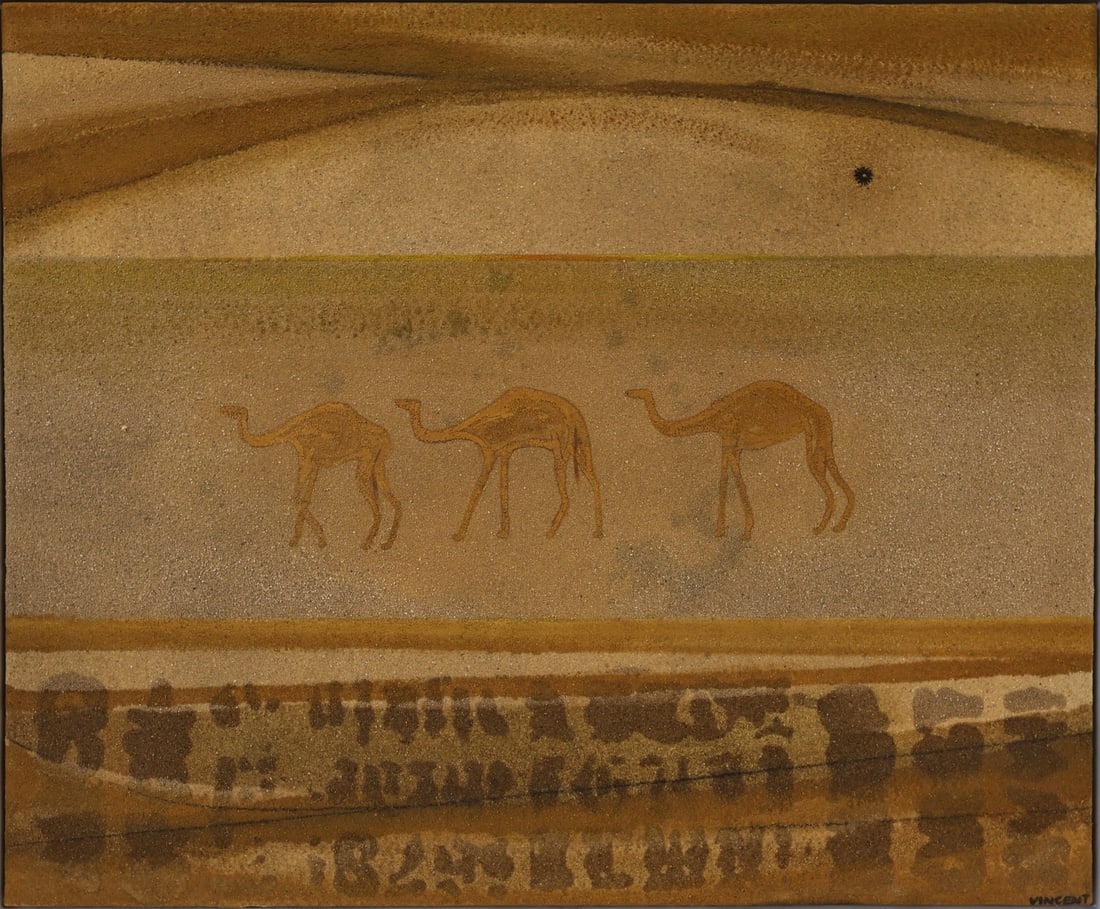 VINCENT SMITH (AFRICAN-AMERICAN, 1929-2003).: 'Camels in Harar'. Oil and sand on canvas. Signed lower right corner. Property of a New York City estate. Dimensions: 30" h x 36.375" w. Frame: 31.375" h x 37.50" w.