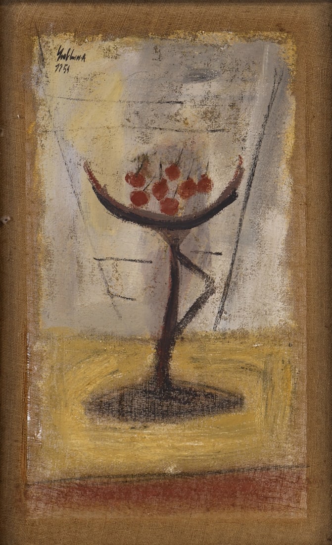 SALVATORE EMBLEMA (ITALIAN, 1929-2006).: 'Cherries'. 1954. Raw pigments on jute canvas. Signed and dated upper left corner. From an Amelia, NY estate. Dimensions: 35.375" h x 21.375" w. Frame: 36.25" h x 22.75" w.