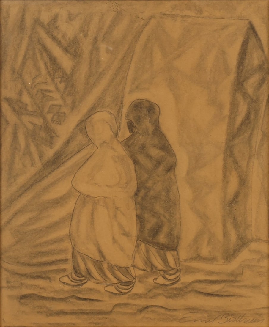 EMIL BISSTRAM (AMERICAN, 1895-1976).: 'Taos Women'. Pencil on paper. Signed lower right. Property from a Tarrytown, NY collection. Dimensions: 11.5" h x 9.5" w. Frame: 19.5" h x 21.25" w.