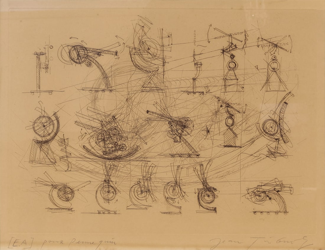 JEAN TINGUELY (FRENCH/SWISS, 1925-1991).: 'Machinery'. Etching. Signed, annotated, and 'E. A.' lower margins in pencil. Property of a Greenwich, CT estate. Dimensions: Plate: 13.75" h x 18.75" w. Frame: 22.75" h x 27.25" w