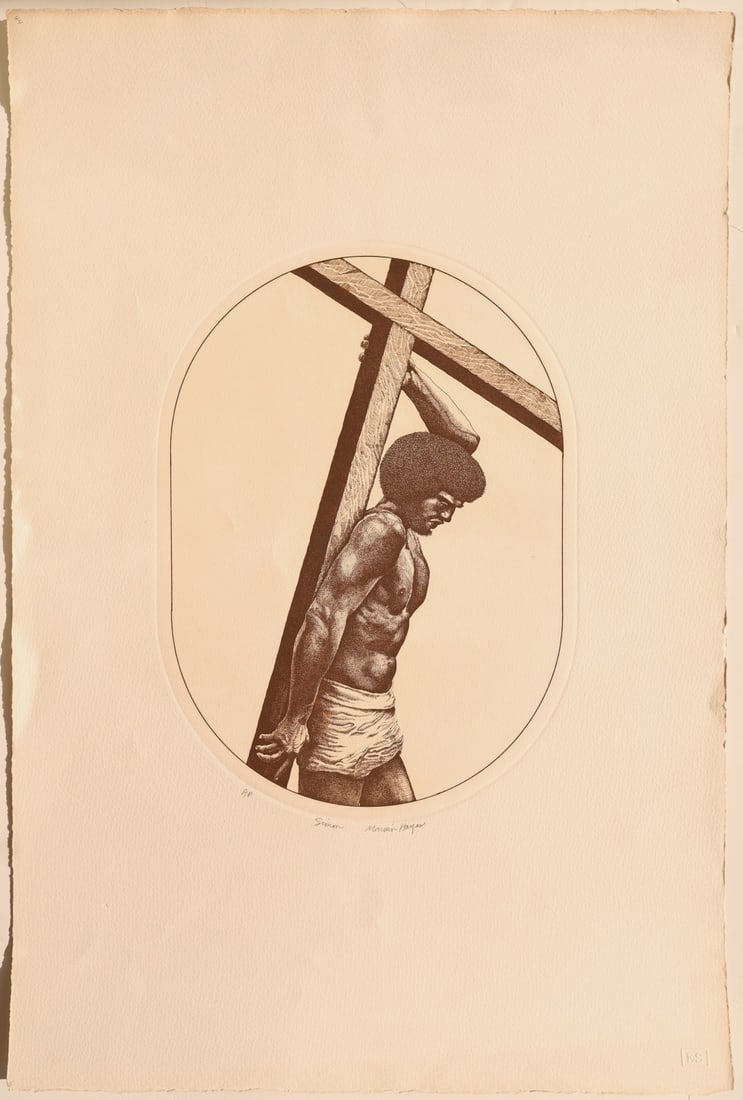 MARVIN EVERETT HAYES (AMERICAN, b.1939) [2 WORKS].: Two Prints: (i) 'Simon'. Etching on paper. Signed, titled, and 'AP' lower middle and left margin in pencil. (ii) 'Last Supper'. Etching on paper. Signed, titled, and 'AP' lower middle in pencil. Prope