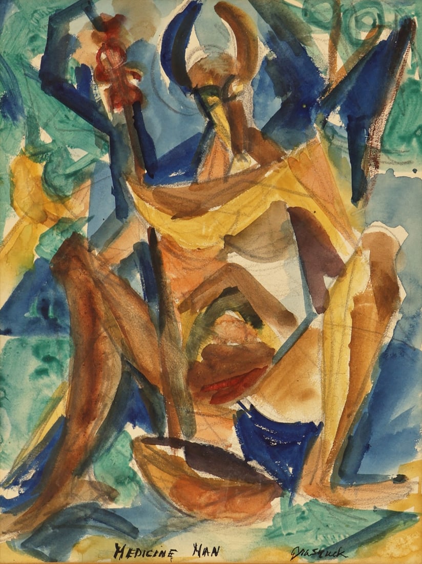 GRASHUCK (20TH CENTURY).: 'Medicine Man'. Watercolor on paper. Signed lower right. Titled lower left. Property from a New Rochelle, NY collection. Dimensions: Site: 11.25" h x 8.75" w. Matting: 16" h x 13"