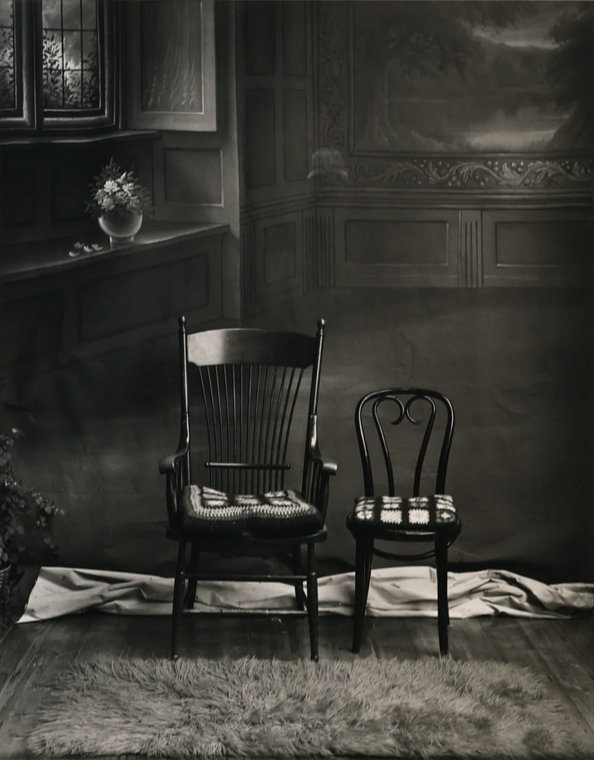 EVELYN HOFER (GERMAN/AMERICAN, 1922-2009).: 'Two Chairs, London, 1977'. Silver gelatin print. Verso: Signed and titled in pencil. Provenance: The Witkin Gallery, NYC. From a New Jersey estate. Dimensions: 14" h x 11" w. Frame: 24.25&q