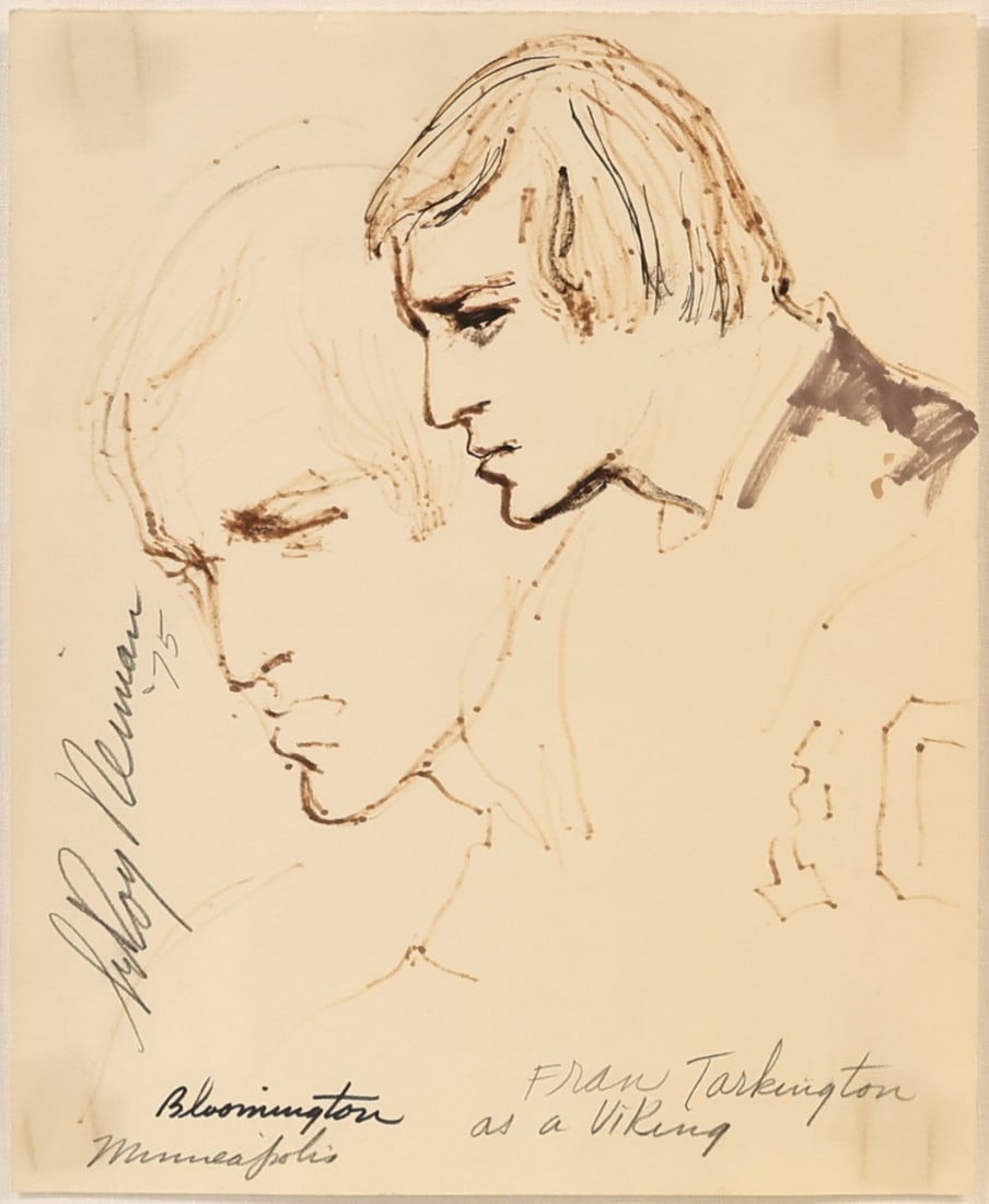 LEROY NEIMAN (AMERICAN, 1921-2012).: 'Fran Tarkington as a Viking'. 1975. Mixed media, Ink, marker, and graphite. Signed left side vertical in graphite. Other inscriptions in marker and graphite. From a New Jersey estate. Dimensions: 14.