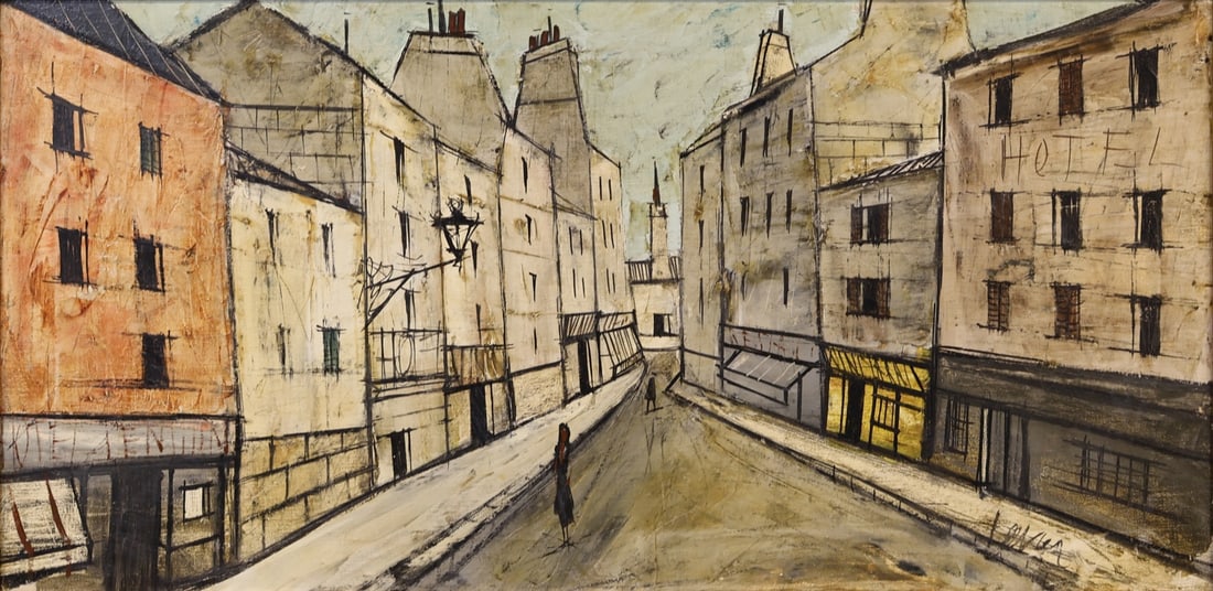 CHARLES LEVIER (FRENCH, 1920-2003).: 'Figures on a Village Street'. Oil on canvas. Signed lower right. Property from a New Rochelle, NY estate. Dimensions: 15" h x 30.125" w. Frame: 23.625" h x 38.50" w.