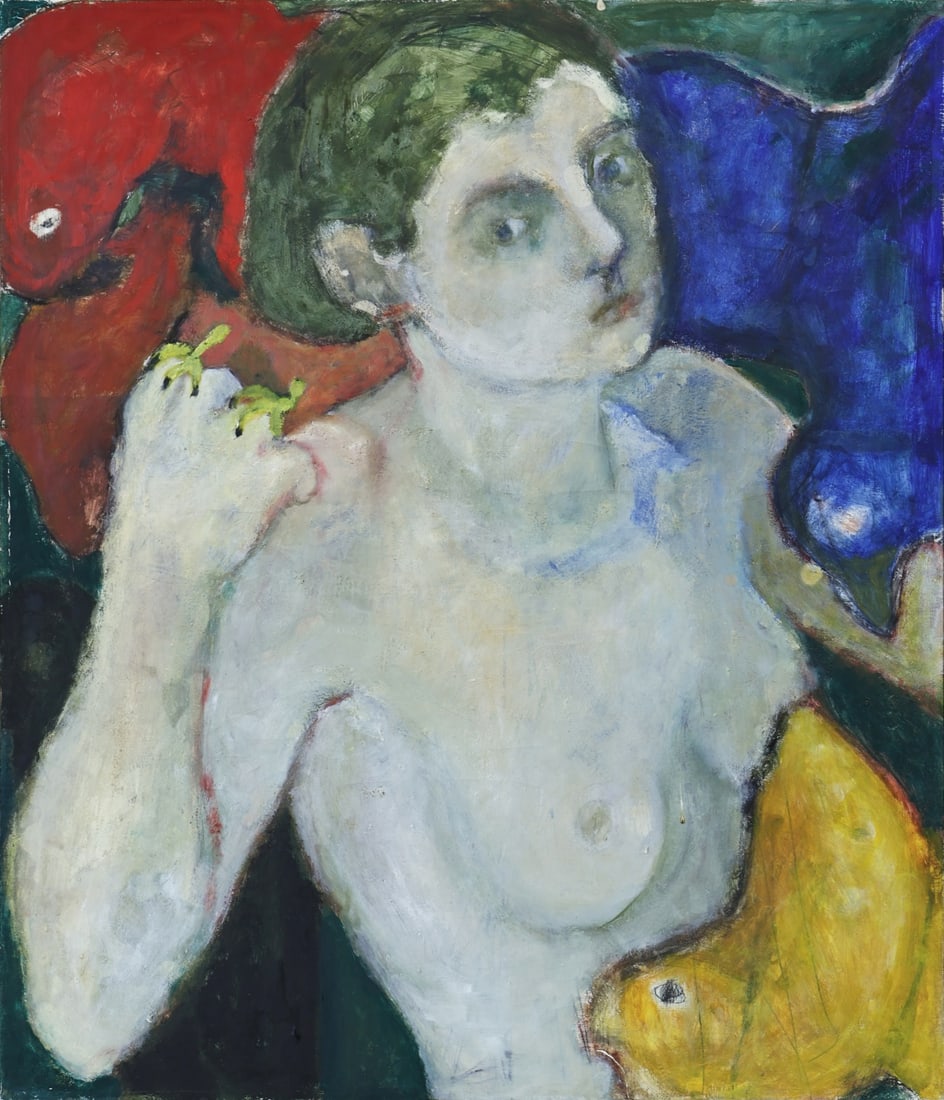 BETSY PODLACH (AMERICAN, b. 1964).: 'Semi-Nude Woman with Birds'. Egg tempera on canvas. Verso: Signed on canvas flap. Property of a Southampton, NY collection. Dimensions: 34" x 29.125. Frame: 34.25" h x 29.625" w.