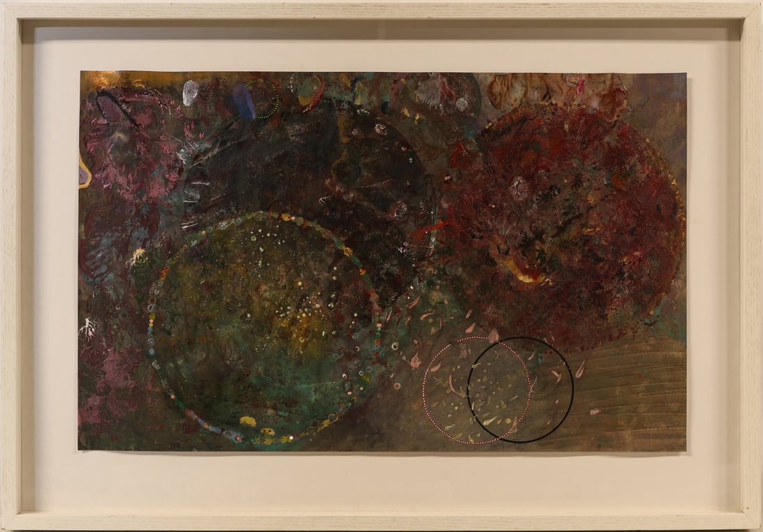 PAT ADAMS (AMERICAN, b. 1928).: 'By Heart', 1985. Acrylic and mixed media on paper. Artist label verso. Property from a Tarrytown, NY collection. Dimensions: 12.25" h x 19.5" w. Frame:17.5" h x 24.25" w.
