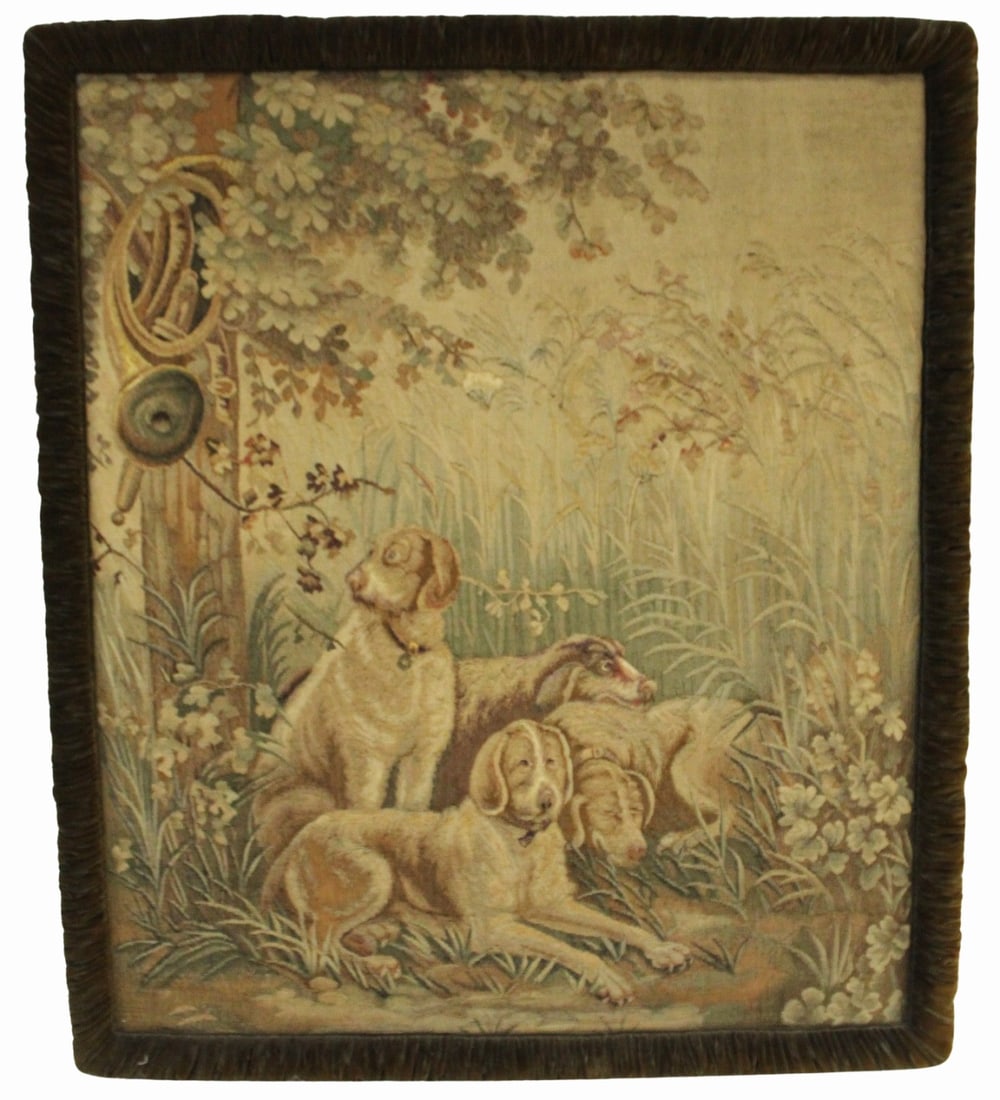 Vintage Fabric Framed Tapestry Of Dogs.: From a Long Island, NY estate. - Dimensions: 60" h x 51" w.