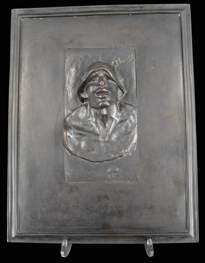 Constantin Meunier (1831-1905, Belgium) Bronze: Bronze plaque. "Head of a Puddler". Signed in script at top right "C. Meunier". reverse reads in French "Modele exclusif de la maison Moderne Paris". A "puddler"