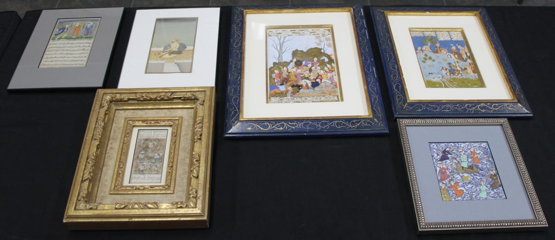 A Grouping of 6 Persian Miniatures.: A collection of 6 Persian miniatures as follows: 1) a group of 7 figures surround an 8th figure atop a horse with a human head, blue background, 5" x 5.5" (all sight size), 2) 5 figures with
