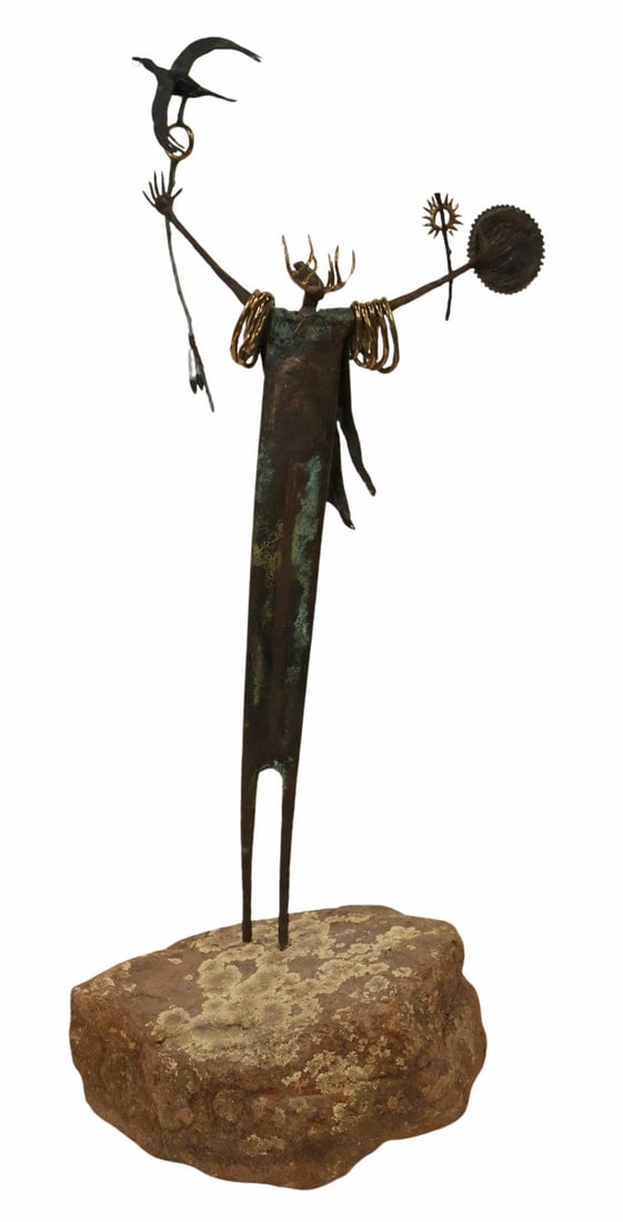 BILL WORRELL (USA, 1936-2021).: "Revelation of Mysteries". Bronze and mixed metals on stone plinth base. With original paperwork, as shown. From a Briarcliff Manor, NY estate. Please note for shipping purposes this is fair