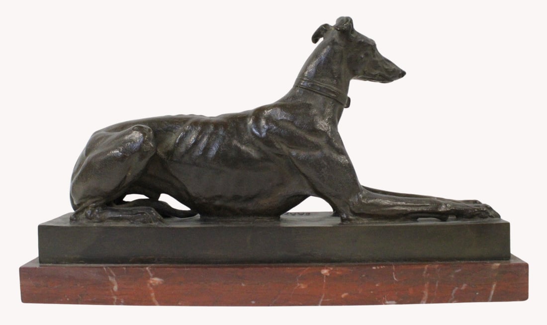 ANTOINE-LOUIS BARYE (French, 1796-1875).: Bronze sculpture of a Greyhound in nice original brown patina. Signed BARYE France. From a Scarsdale, NY estate. - Dimensions: 8.5" h x 15" w.