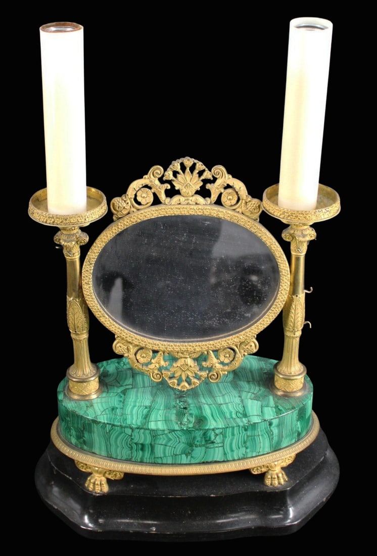 Antique Bronze Mounted Malachite Table Mirror/Lamp: The finest of quality with its nice original patina. From a Park Ave, NYC estate. - Dimensions: 17" x 11.5"