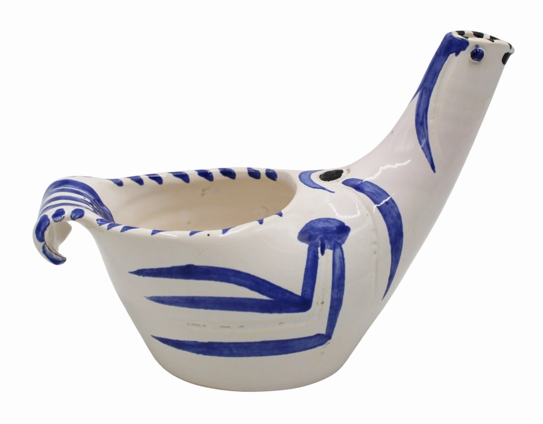 PABLO PICASSO (Spanish, 1881-1973).: 1959 turned vase, A.R. White earthenware clay. Knife engraved on enamel blue black. #403 of 500 produced. From a Cortland Manor, NY estate. - Dimensions: 8.5"