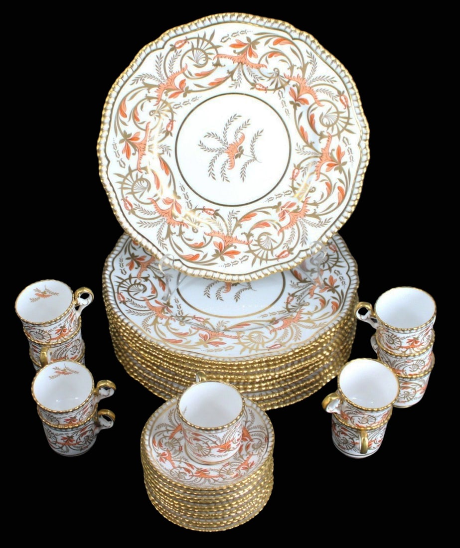 SPODE Porcelain Plates, Cups & Saucers.: To include 11 plates (10.5"), 11 saucers (4.5") and 11 demitasse cups. From a Garden City LI estate.