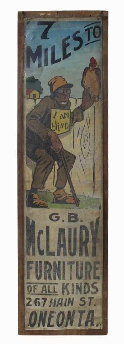 Folk Art Metal Advertising Sign Mounted on Wood: McLaudry furniture sign with a blind African American touching a bird. From a Garden City LI estate. - Dimensions: 48" x 12"