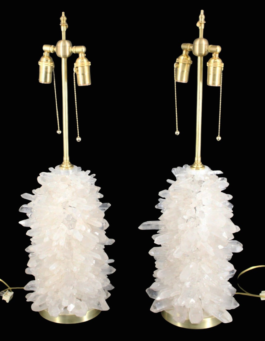 2 CAROLE STUPELL Style Rock Crystal Table Lamps: Good large size. From a Queens NY estate. - Dimensions: Crystal 16" & to finial 30"