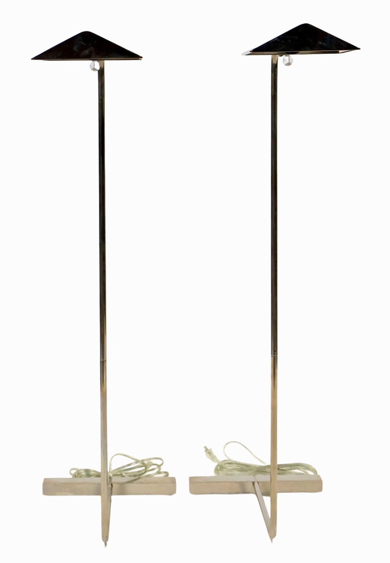Cedric Hartman, Floor Lamps, Model 1UWV: chrome-plated brass, Impressed manufacturer's mark to underside of each example. From a Yonkers, NY estate. - Dimensions: 35" h x 11" w x 13" d