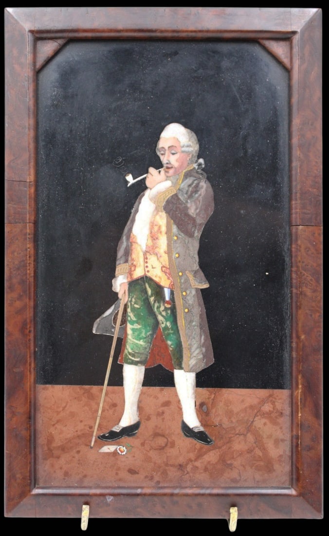 Antique Pietra Dura Marble Plaque.: Gent with a cane. From a West 90 St NYC estate. - Dimensions: 9.75" x 6"