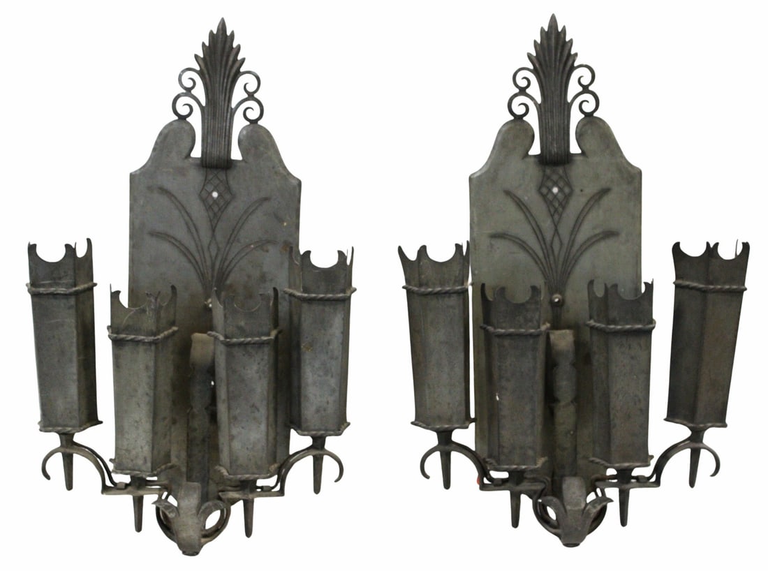 Vintage Pair of Metal Sconces.: Large 4 arm sconces and nicely etched. From a Yonkers, NY estate. - Dimensions: 23" x15"