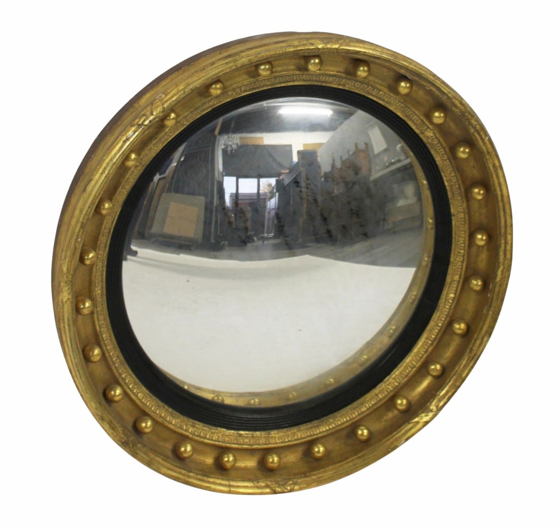 K. HEDGE Signed Antique Giltwood Bullseye Mirror.: Label on verso for K. Hedge successor to T Knight. From a Flushing, Queens estate. - Dimensions: 29" dia