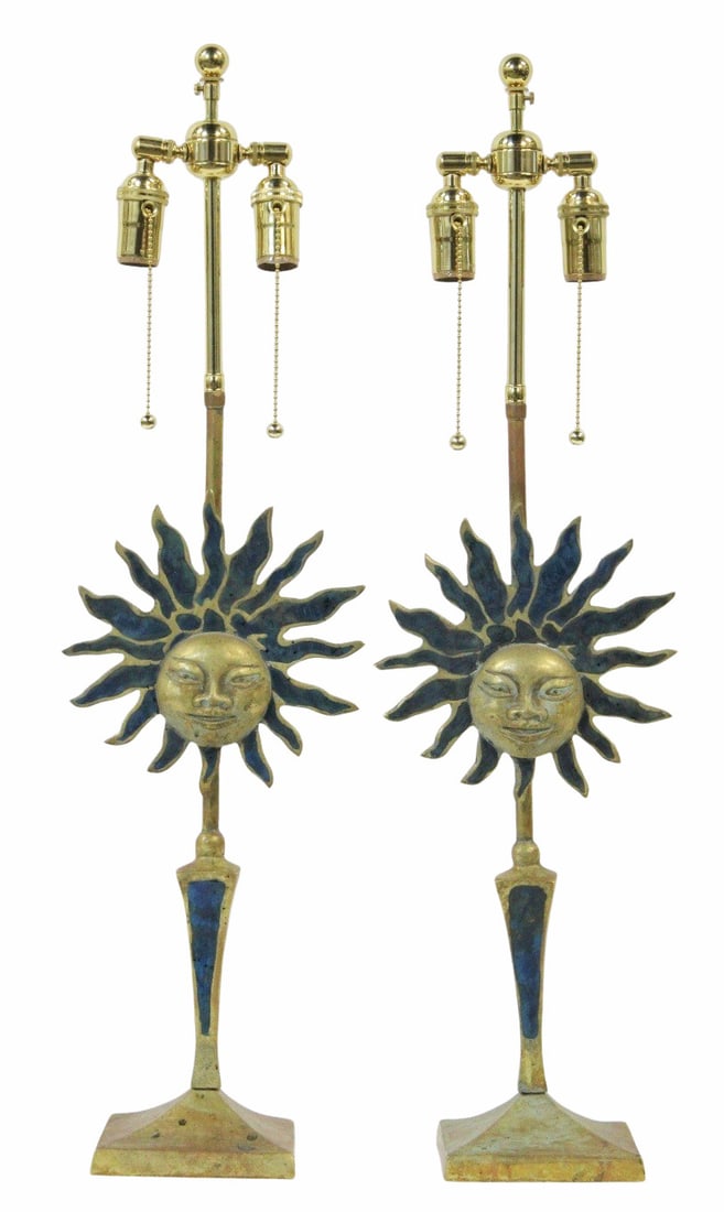Pair of Signed Pepe Mendoza Bronze Sunflower Lamps: From a Bronx NY estate. - Dimensions: 31" h
