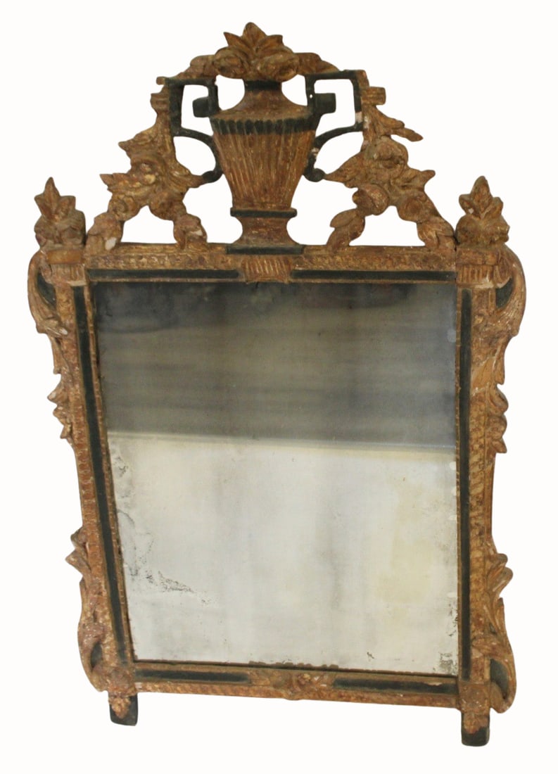 Antique Continental Carved Mirror: Good age, 18th / 19th Century, in original condition with a carved urn crown. From a Brooklyn NY estate. - Dimensions: 50" x 32"