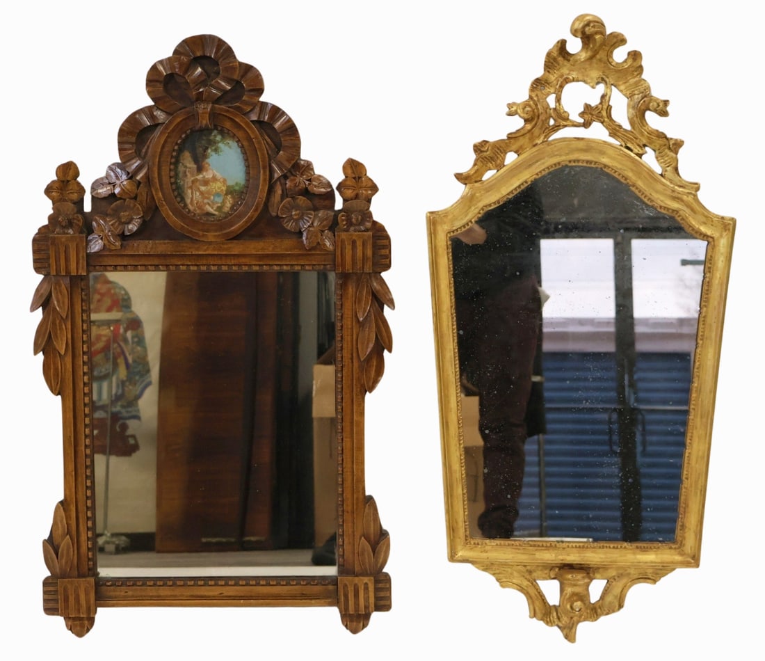 2 Carved Antique Mirrors.: One giltwood with carved crown and the other carved with ribbons and with a painted crown. From a Greenwich CT estate. - Dimensions: 32" x 15" & 32" x 18"