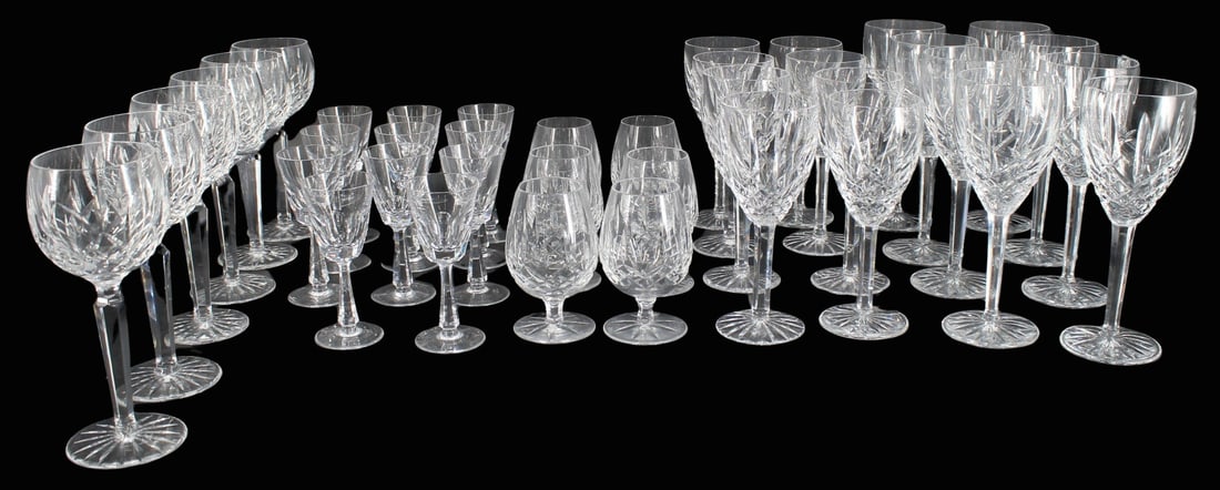 Grouping of Waterford Araglin Glasses: to include the following : 8 Water goblets (7.78"), 8 Wine Glasses (7.18"), 6 Hock Wine Glasses 7.38"), 6 cognac/brandy glasses (4.50") and 11 Galway Crystal dessert wine glasses (