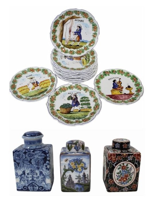 12 Bassamo Italian Hand Painted Ceramic Plates: Together With 3 MAKKUM tea caddies. From a Stamford, CT estate. - Dimensions: caddy 6"