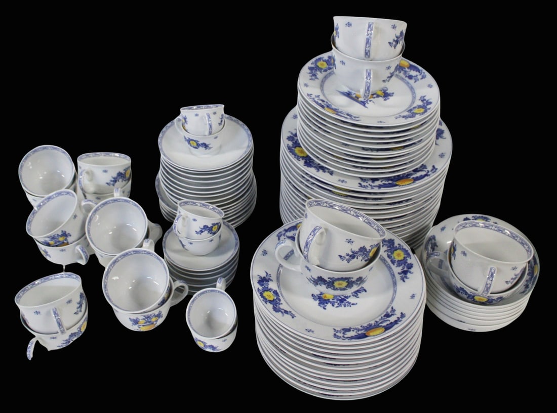 Large Lot of Vista Alegre Viana Porcelain.: To include 16 Plates (10.5"), 11 Plates (8.5"), 12 Rimmed soup bowls (9"), 5 small bowls, 6 Large cups (4.25" dia) with 6 saucers (6.5" dia), 12 cups (3.75" dia) with 11 