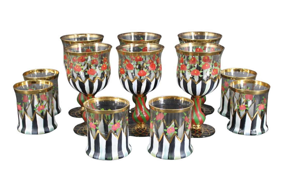 MacKenzie-Childs Heirloom Hand-Painted Glasses: MacKenzie Childs Heirloom also known as Circus or Rose Arbor to include 6 Water Goblets(6.75"h) and 6 Old Fashion Goblets (3.75"h). From a Long Island , New York estate.