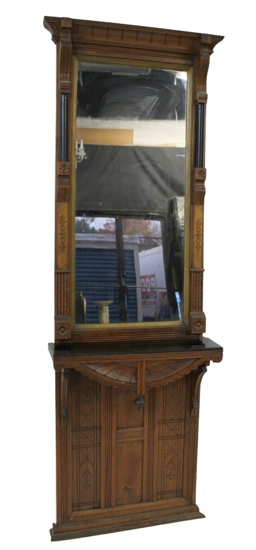 Victorian Eastlake Style Oak Hallway Mirror.: From a NYC estate. - Dimensions: 80" h x 25.25"w x 8.5" d