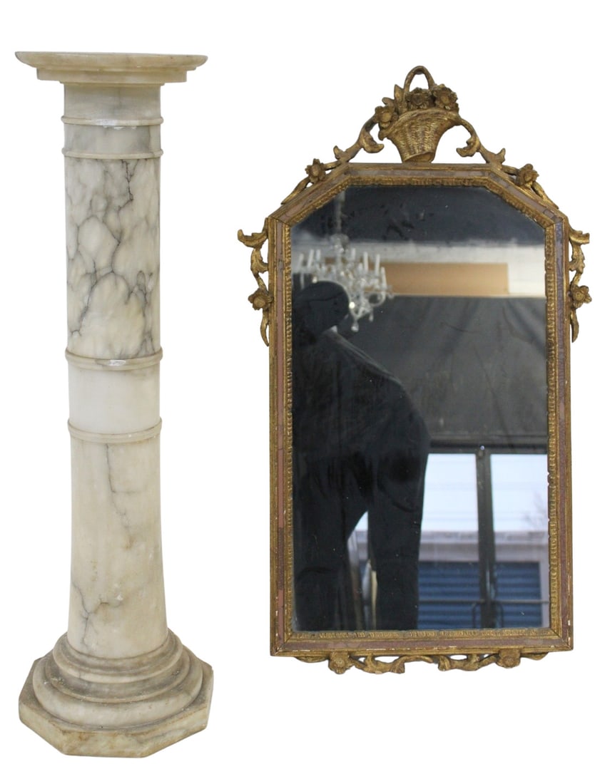 Antique Marble Pedestal Together With A Mirror.: From a NYC estate. - Dimensions: M 37"x21"