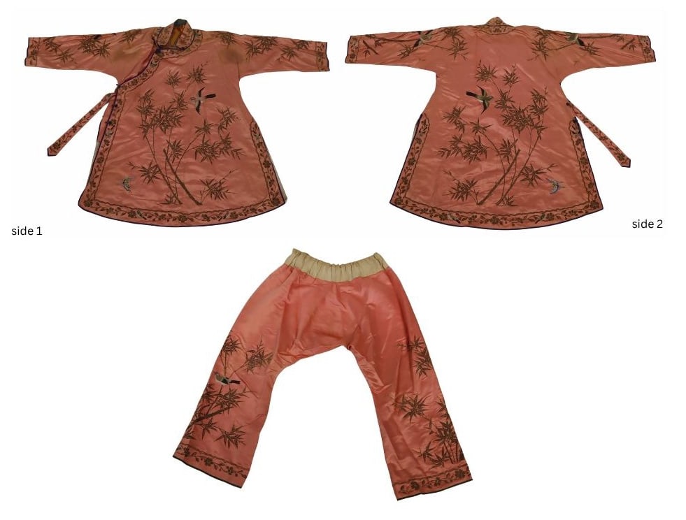 Chinese Pink Silk Embroidered Jacket and Pants.: Displaying birds, butterflies, and bamboo. From a Manhattan, NY estate. Dimensions: measurements of the jacket as follows - collar to bottom hem approx. 36" in length, sleeve hem to sleeve hem ap