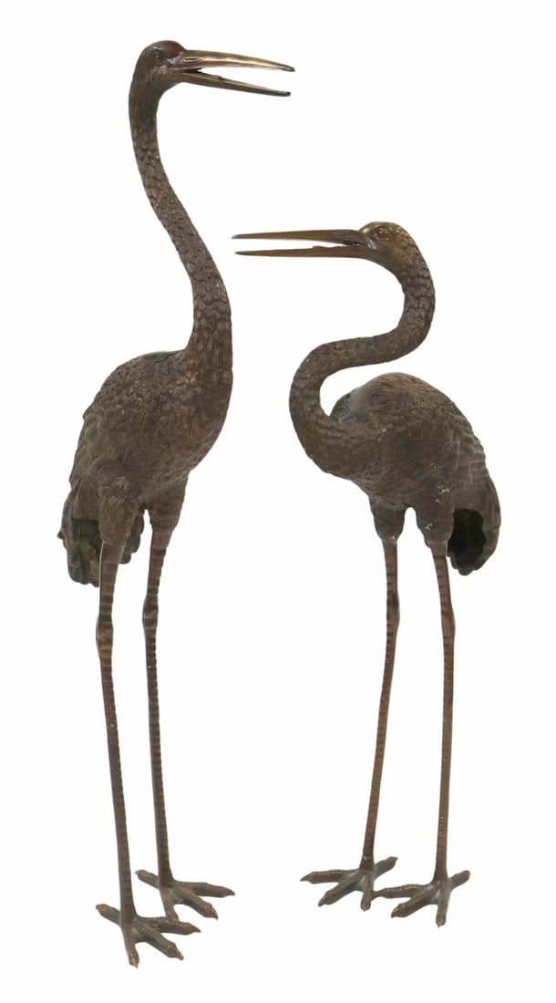Vintage Pair of Tall Japanese Bronze Cranes.: Pair of the finest of quality tall Japanese bronze cranes with nice original brown patina. From an 1100 Park Ave NYC estate. - Dimensions: 53"H & 44"H