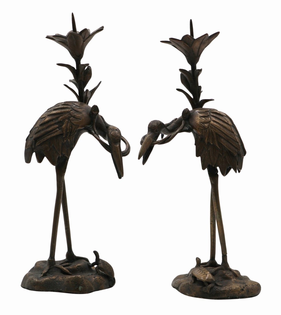 Pair of Chinese Crane and Turtle Pricket Sticks.