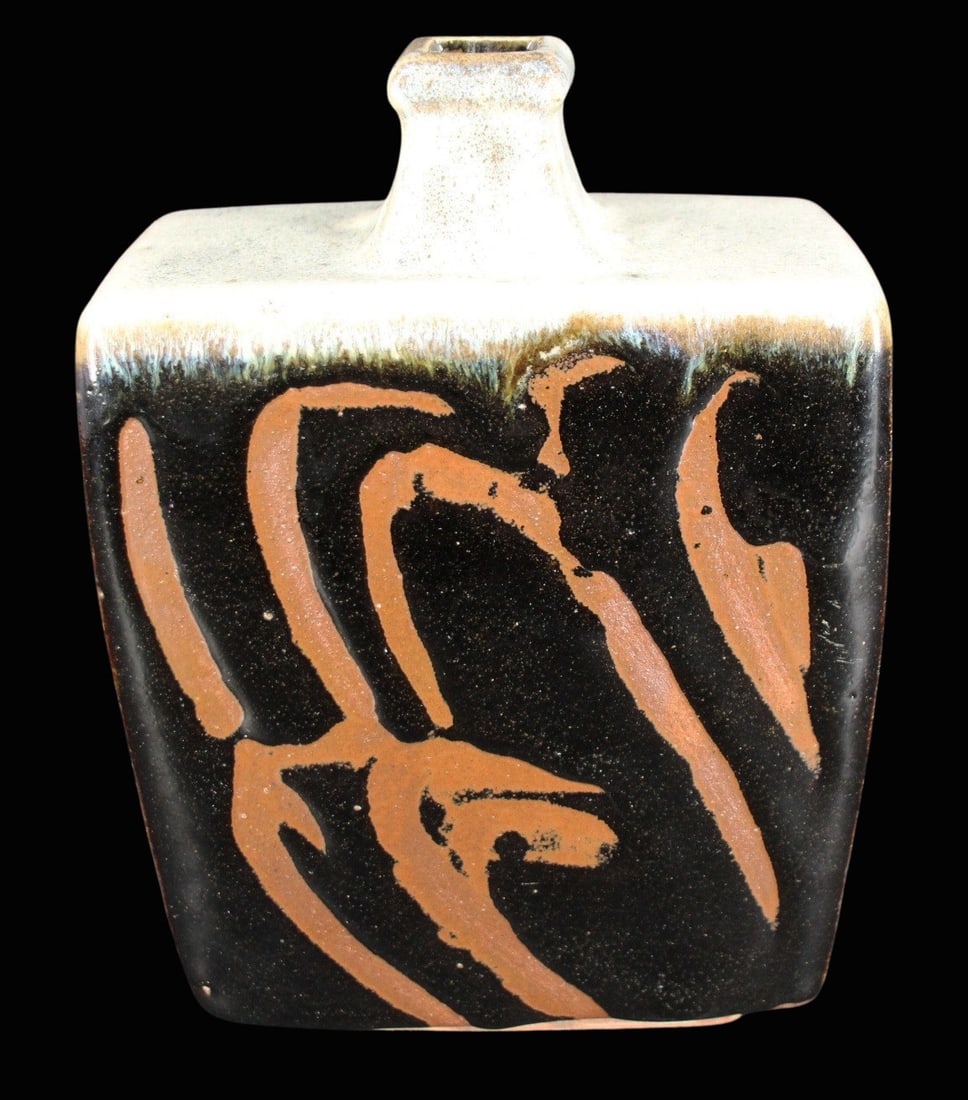 Shoji HAMADA (1894-1978) Square Vase (Attrib).: A square vase in tan and brown glaze, attributed to Shoji Hamada. Apparently unsigned. From a Bloomfield, NJ estate. - Dimensions: 9" x 6" x 3.25"