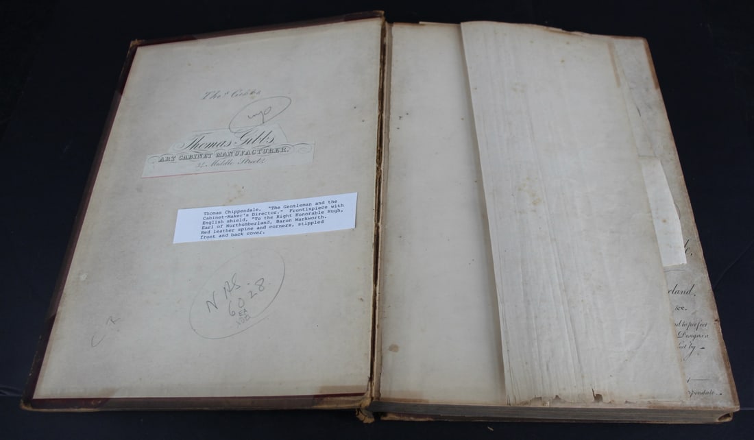 "The Gentleman and Cabinet Makers" Chippendale: "The Gentleman and Cabinet Makers Director", Thomas Chippendale. This copy lacking title page, first page extant is the dedication page. Plates dated 1753, last plate numbered 159. There is