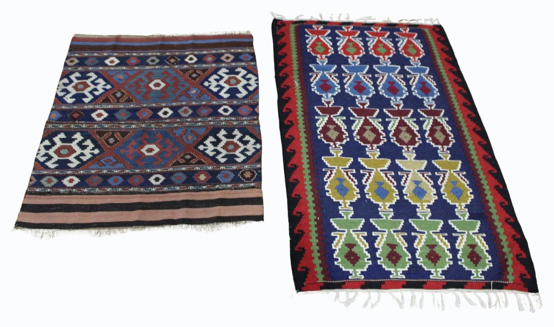 (2) Vintage Kilm Style Carpets.: From a Darien, CT estate. - Dimensions: 2'4"x 3'4" and 3'9" x 3'1"