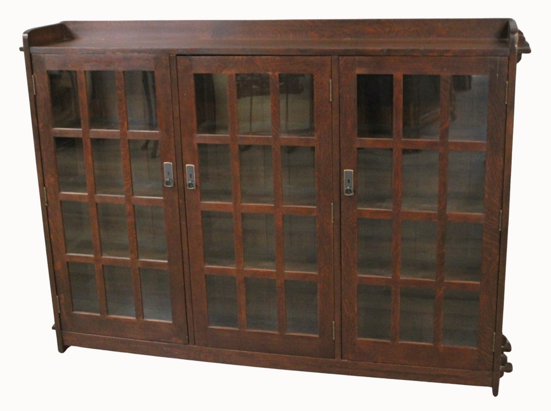 Stickley Audi Arts & Crafts Style Oak Bookcase: Signed and with label. From a Tuxedo Park NY estate. - Dimensions: 56" x 78" x 12"