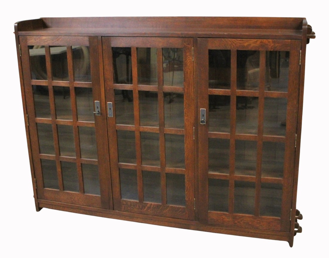 Stickley Audi Arts & Crafts Style Oak Bookcase: Signed and with label. From a Tuxedo Park NY estate. - Dimensions: 56" x 78" x 12"