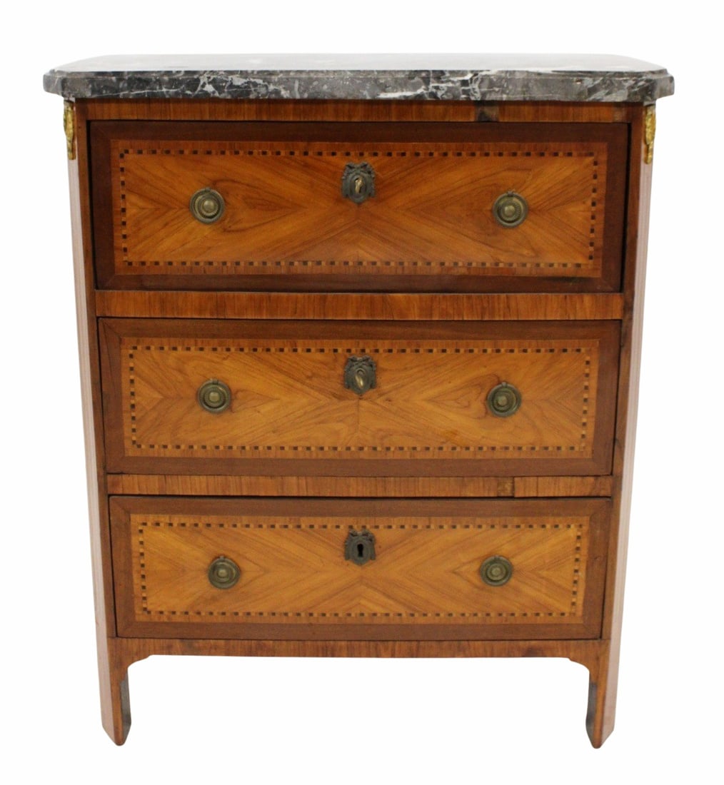 STUMPH Signed Bronze Mounted Marbletop Desk /: Chest with Inlay. Nice original desk with leathertop drop front, and thick marble. From a Flushing, Queens estate. - Dimensions: 38" x 16" x 29"