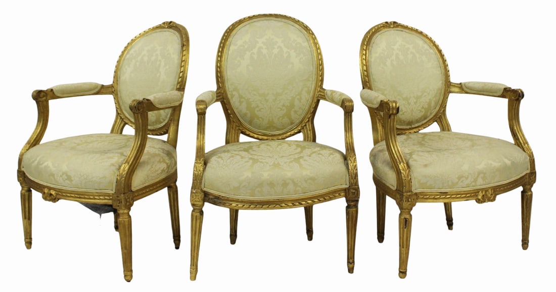 3 Louis XVI Style Giltwood Armchairs.: Good age. Regilded. From a Flushing, Queens estate. - Dimensions: 36" x 22" x 24"